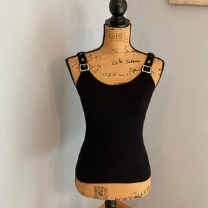 Suzette Collection Seemless Black Ribbed Tank Top Buckle-Strap Detail Women M/L